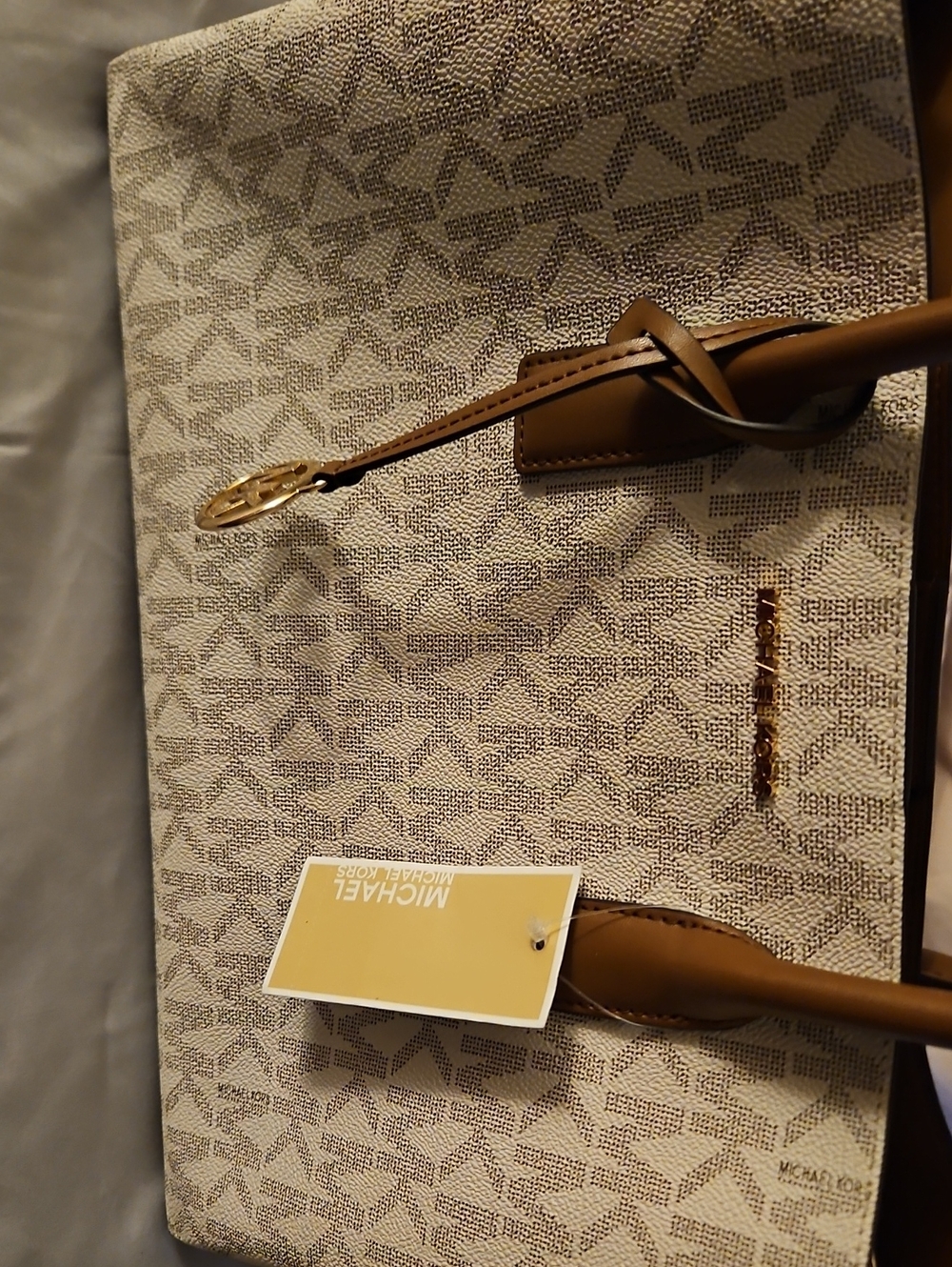 MICHAEL Michael Kors Beige Logo Satchel with Brown Trim and Gold Hardware